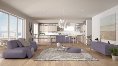 Penthouse oturma odası ve mutfak iç tasarım, kanepe ve halı ile salon, yemek masası, tabure, parke ile ada. Modern minimalist beyaz ve mor mimari kavram fikri