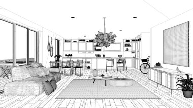 Blueprint proje taslak, penthouse oturma odası ve mutfak iç tasarım, kanepe ve halı ile salon, yemek masası, tabure, parke, modern mimari konsept fikir ile ada