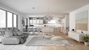 Mimar iç tasarımcı kavramı: gerçek olur bitmemiş proje, penthouse oturma odası ve mutfak iç tasarım, kanepe ve halı, yemek masası, parke, konsept fikir