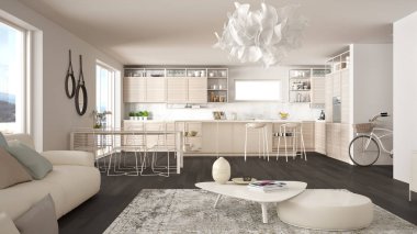 Penthouse oturma odası ve mutfak iç tasarım, kanepe ve halı ile salon, yemek masası, tabure, parke ile ada. Modern minimalist beyaz ve gri mimari kavram fikri