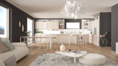 Penthouse oturma odası ve mutfak iç tasarım, kanepe ve halı ile salon, yemek masası, tabure, parke ile ada. Modern minimalist beyaz ve gri mimari kavram fikri