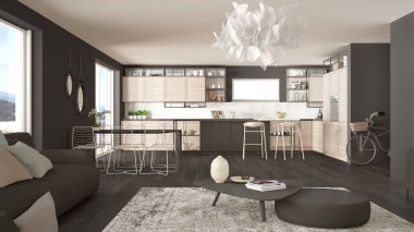Penthouse oturma odası ve mutfak iç tasarım, kanepe ve halı ile salon, yemek masası, tabure, parke ile ada. Modern minimalist gri mimari kavram fikri