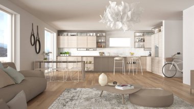 Penthouse oturma odası ve mutfak iç tasarım, kanepe ve halı ile salon, yemek masası, tabure, parke ile ada. Modern minimalist beyaz ve bej mimari kavram fikri
