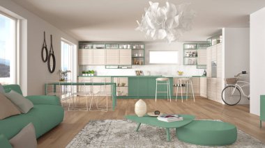 Penthouse oturma odası ve mutfak iç tasarım, kanepe ve halı, yemek masası, ada, tabure, parke ile salon. Modern minimalist beyaz ve turkuaz mimari konsept fikri