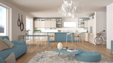 Penthouse oturma odası ve mutfak iç tasarım, kanepe ve halı ile salon, yemek masası, tabure, parke ile ada. Modern minimalist beyaz ve mavi mimari kavram fikri