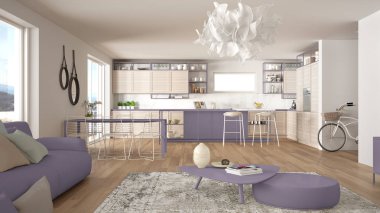 Penthouse oturma odası ve mutfak iç tasarım, kanepe ve halı ile salon, yemek masası, tabure, parke ile ada. Modern minimalist beyaz ve mor mimari kavram fikri