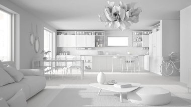 Penthouse oturma odası ve mutfak iç tasarım, kanepe ve halı, yemek masası, tabure, parke ile ada ile salon toplam beyaz proje. Modern beyaz mimari kavram fikri