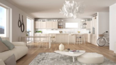 Bulanıklık arka plan iç tasarım, penthouse oturma odası ve mutfak iç tasarım, kanepe ve halı, yemek masası, parke ile salon. Modern mimari kavram fikri