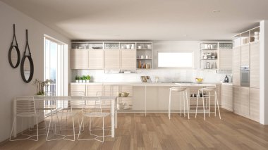 Penthouse minimalist mutfak iç tasarım, kanepe ve halı ile salon, yemek masası, tabure, parke ile ada. Modern çağdaş beyaz mimari kavram fikri