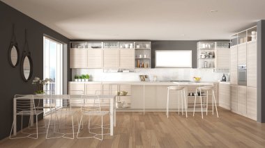 Penthouse minimalist mutfak iç tasarım, kanepe ve halı ile salon, yemek masası, tabure, parke ile ada. Modern çağdaş beyaz ve gri mimari kavram fikri