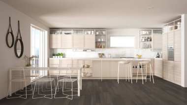 Penthouse minimalist mutfak iç tasarım, kanepe ve halı ile salon, yemek masası, tabure, parke ile ada. Modern çağdaş beyaz ve gri mimari kavram fikri