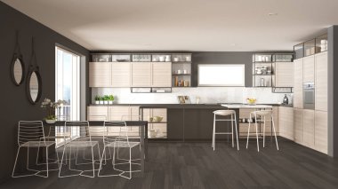 Penthouse minimalist mutfak iç tasarım, kanepe ve halı ile salon, yemek masası, tabure, parke ile ada. Modern çağdaş gri mimari kavram fikri