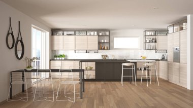 Penthouse minimalist mutfak iç tasarım, kanepe ve halı ile salon, yemek masası, tabure, parke ile ada. Modern çağdaş beyaz ve gri mimari kavram fikri