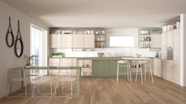 Penthouse minimalist mutfak iç tasarım, kanepe ve halı ile salon, yemek masası, tabure, parke ile ada. Modern çağdaş beyaz ve yeşil mimari kavram fikri