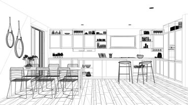 Blueprint proje taslak, penthouse minimalist mutfak iç tasarım, ada ve tabureler, yemek masası, dolap ve aksesuarları, parke, modern mimari konsept fikir