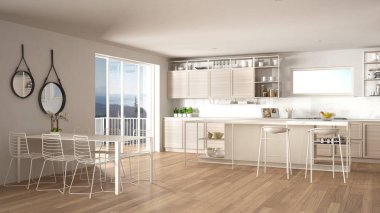 Penthouse minimalist mutfak iç tasarım, kanepe ve halı ile salon, yemek masası, tabure, parke ile ada. Modern çağdaş beyaz mimari kavram fikri