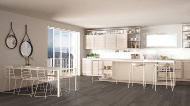 Penthouse minimalist mutfak iç tasarım, kanepe ve halı ile salon, yemek masası, tabure, parke ile ada. Modern çağdaş beyaz ve gri mimari kavram fikri