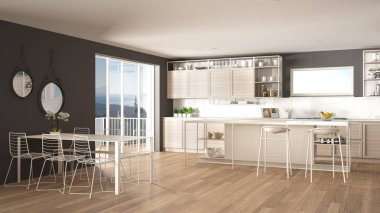 Penthouse minimalist mutfak iç tasarım, kanepe ve halı ile salon, yemek masası, tabure, parke ile ada. Modern çağdaş beyaz ve gri mimari kavram fikri