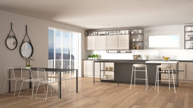 Penthouse minimalist mutfak iç tasarım, kanepe ve halı ile salon, yemek masası, tabure, parke ile ada. Modern çağdaş beyaz ve gri mimari kavram fikri