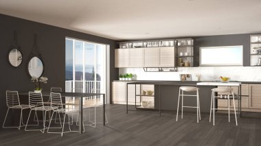 Penthouse minimalist mutfak iç tasarım, kanepe ve halı ile salon, yemek masası, tabure, parke ile ada. Modern çağdaş gri mimari kavram fikri