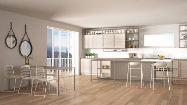 Penthouse minimalist mutfak iç tasarım, kanepe ve halı ile salon, yemek masası, tabure, parke ile ada. Modern çağdaş beyaz ve bej mimari kavram fikri