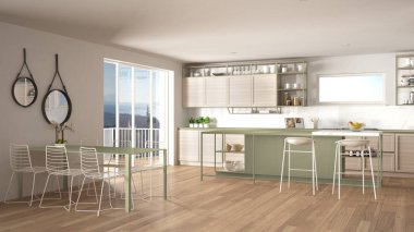 Penthouse minimalist mutfak iç tasarım, kanepe ve halı ile salon, yemek masası, tabure, parke ile ada. Modern çağdaş beyaz ve yeşil mimari kavram fikri