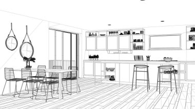 Blueprint proje taslak, penthouse minimalist mutfak iç tasarım, ada ve tabureler, yemek masası, dolap ve aksesuarları, parke, modern mimari konsept fikir