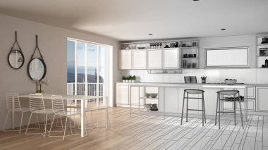 Mimar iç tasarımcı kavramı: gerçek olur bitmemiş proje, penthouse mutfak iç tasarım, tabureler ile ada, yemek masası, parke, konsept fikir