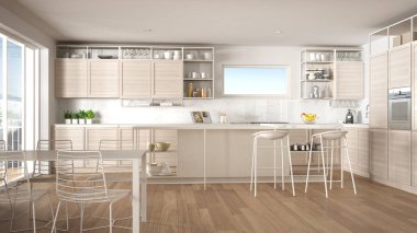 Penthouse minimalist mutfak iç tasarım, kanepe ve halı ile salon, yemek masası, tabure, parke ile ada. Modern çağdaş beyaz mimari kavram fikri