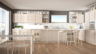 Penthouse minimalist mutfak iç tasarım, kanepe ve halı ile salon, yemek masası, tabure, parke ile ada. Modern çağdaş beyaz ve gri mimari kavram fikri