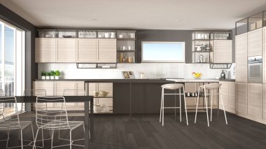 Penthouse minimalist mutfak iç tasarım, kanepe ve halı ile salon, yemek masası, tabure, parke ile ada. Modern çağdaş gri mimari kavram fikri