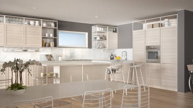 Penthouse minimalist mutfak iç tasarım, kanepe ve halı ile salon, yemek masası, tabure, parke ile ada. Modern çağdaş beyaz ve gri mimari kavram fikri