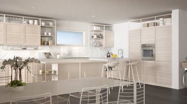 Penthouse minimalist mutfak iç tasarım, kanepe ve halı ile salon, yemek masası, tabure, parke ile ada. Modern çağdaş beyaz ve gri mimari kavram fikri