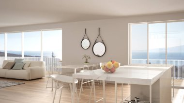 Penthouse minimalist mutfak iç tasarım, kanepe ve halı ile salon, yemek masası, tabure, parke ile ada. Modern çağdaş beyaz mimari kavram fikri