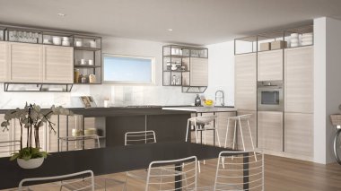 Penthouse minimalist mutfak iç tasarım, kanepe ve halı ile salon, yemek masası, tabure, parke ile ada. Modern çağdaş beyaz ve gri mimari kavram fikri