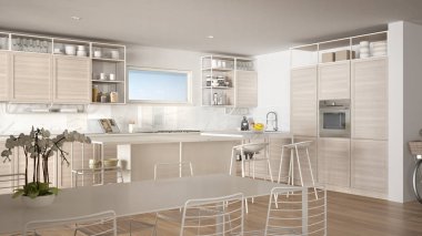 Penthouse minimalist mutfak iç tasarım, kanepe ve halı ile salon, yemek masası, tabure, parke ile ada. Modern çağdaş beyaz mimari kavram fikri