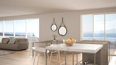 Penthouse minimalist mutfak iç tasarım, kanepe ve halı ile salon, yemek masası, tabure, parke ile ada. Modern çağdaş beyaz ve bej mimari konsepti