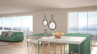 Penthouse minimalist mutfak iç tasarım, kanepe ve halı ile salon, yemek masası, tabure, parke ile ada. Modern çağdaş beyaz ve turkuaz mimari konsepti