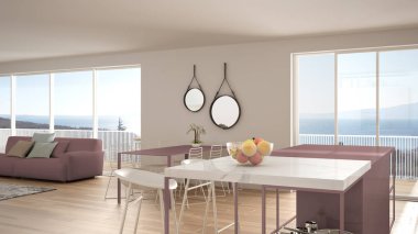 Penthouse minimalist mutfak iç tasarım, kanepe ve halı ile salon, yemek masası, tabure, parke ile ada. Modern çağdaş beyaz ve kırmızı mimari kavram fikri