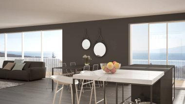 Penthouse minimalist mutfak iç tasarım, kanepe ve halı ile salon, yemek masası, tabure, parke ile ada. Modern çağdaş gri mimari kavram fikri