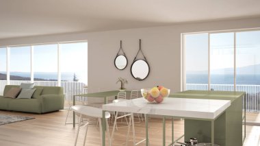 Penthouse minimalist mutfak iç tasarım, kanepe ve halı ile salon, yemek masası, tabure, parke ile ada. Modern çağdaş beyaz ve yeşil mimari konsepti