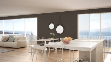 Penthouse minimalist mutfak iç tasarım, kanepe ve halı ile salon, yemek masası, tabure, parke ile ada. Modern çağdaş beyaz ve gri mimari kavram fikri