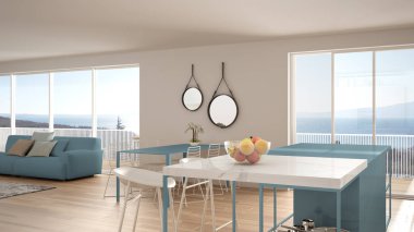 Penthouse minimalist mutfak iç tasarım, kanepe ve halı ile salon, yemek masası, tabure, parke ile ada. Modern çağdaş beyaz ve mavi mimari konsept