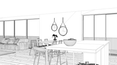 Blueprint proje taslak, penthouse minimalist mutfak iç tasarım, ada ve tabureler, yemek masası, dolap ve aksesuarları, parke, modern mimari konsept fikir
