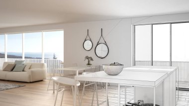 Mimar iç tasarımcı kavramı: gerçek olur bitmemiş proje, penthouse mutfak iç tasarım, tabureler ile ada, yemek masası, parke, konsept fikir