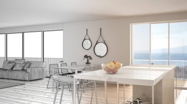 Mimar iç tasarımcı kavramı: gerçek olur bitmemiş proje, penthouse mutfak iç tasarım, tabureler ile ada, yemek masası, parke, konsept fikir