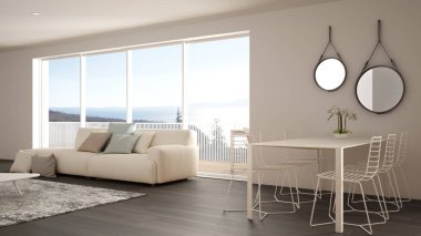Penthouse minimalist mutfak iç tasarım, kanepe ve halı ile salon, yemek masası, tabure, parke ile ada. Modern çağdaş beyaz ve gri mimari kavram fikri