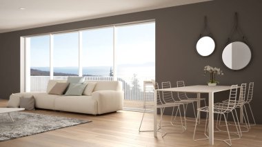 Penthouse minimalist mutfak iç tasarım, kanepe ve halı ile salon, yemek masası, tabure, parke ile ada. Modern çağdaş beyaz ve gri mimari kavram fikri