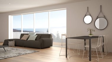 Penthouse minimalist mutfak iç tasarım, kanepe ve halı ile salon, yemek masası, tabure, parke ile ada. Modern çağdaş beyaz ve gri mimari kavram fikri