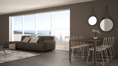 Penthouse minimalist mutfak iç tasarım, kanepe ve halı ile salon, yemek masası, tabure, parke ile ada. Modern çağdaş gri mimari kavram fikri